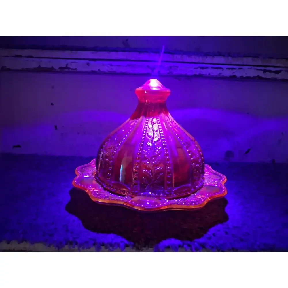Vintage Amberlina Carnival Glass Domed Butter Dish Beaded Holly Summit UV